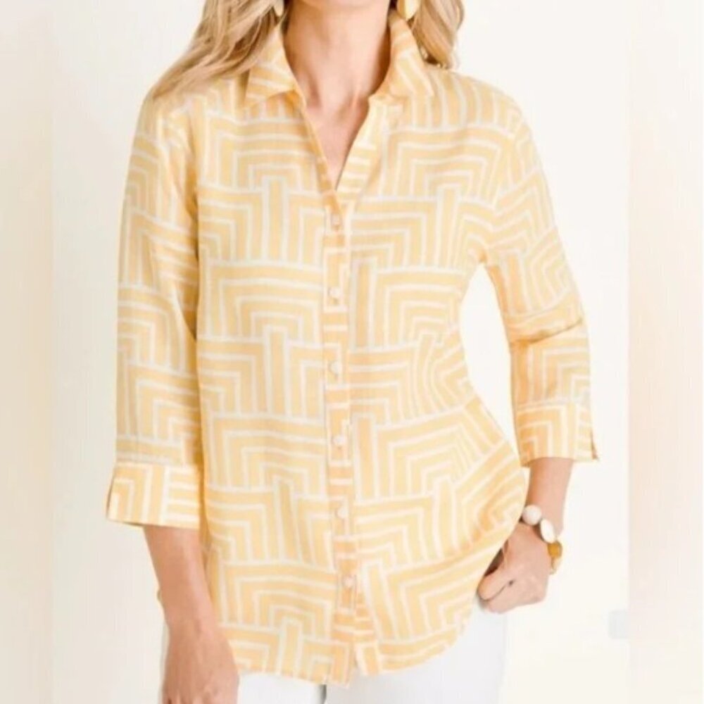 Like New Chico's Women's Geometric Print 100% Linen No Iron Blouse Yellow Size 2